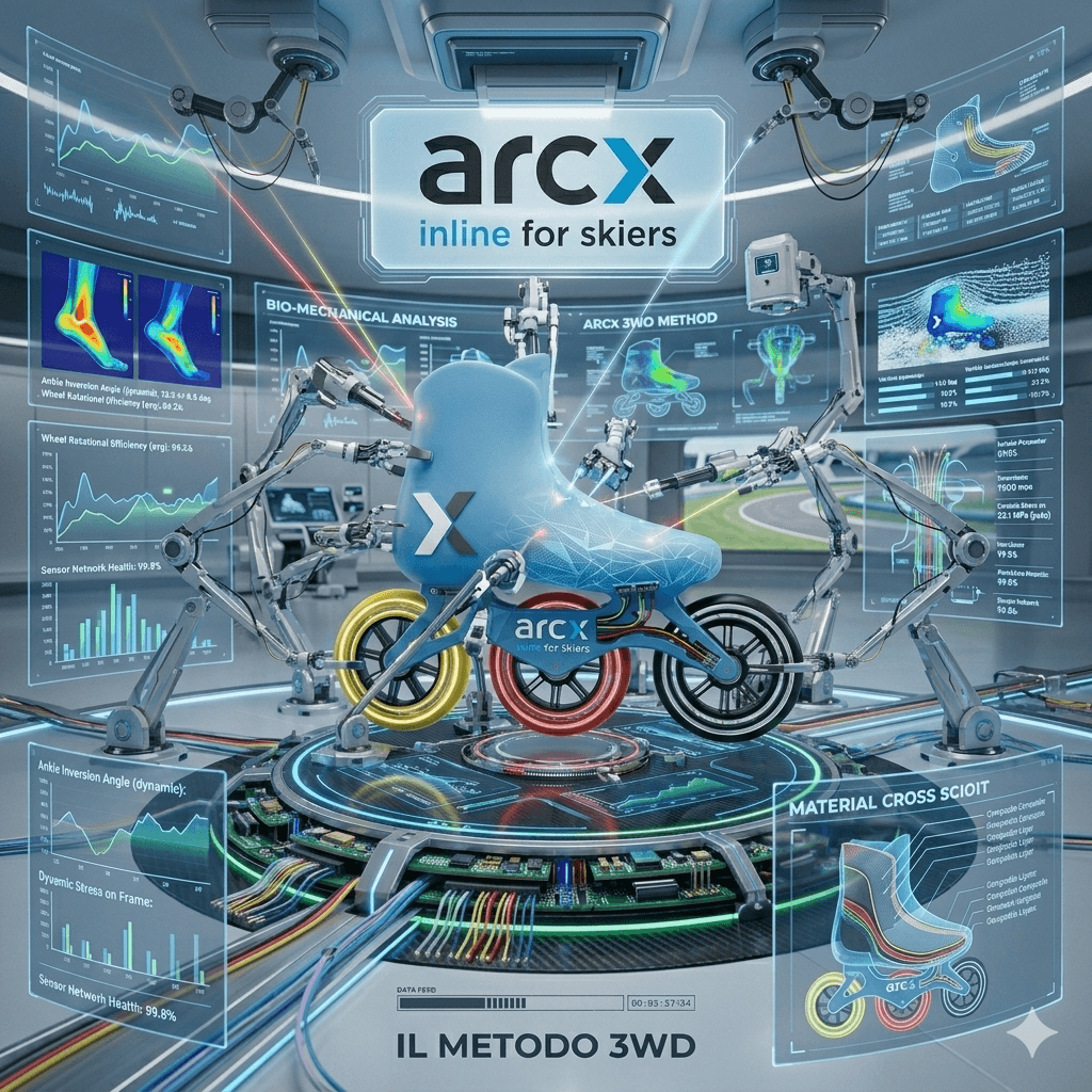 Laboratorio futuristico con bracci robotici che analizzano un pattino arcx circondato da schermi digitali.