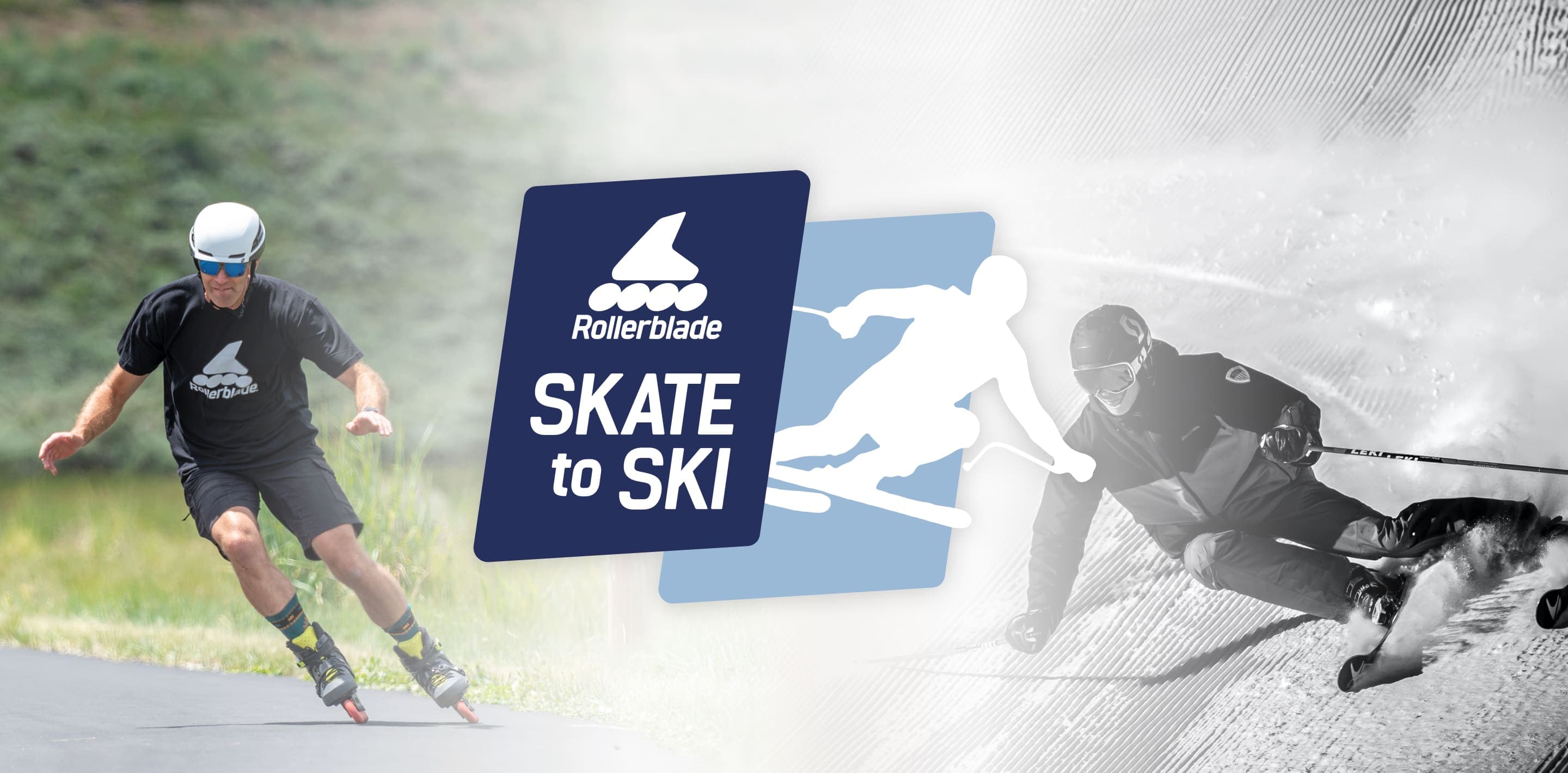 Uomo che pattina in linea e sciatore sulla neve con logo Rollerblade Skate to Ski.